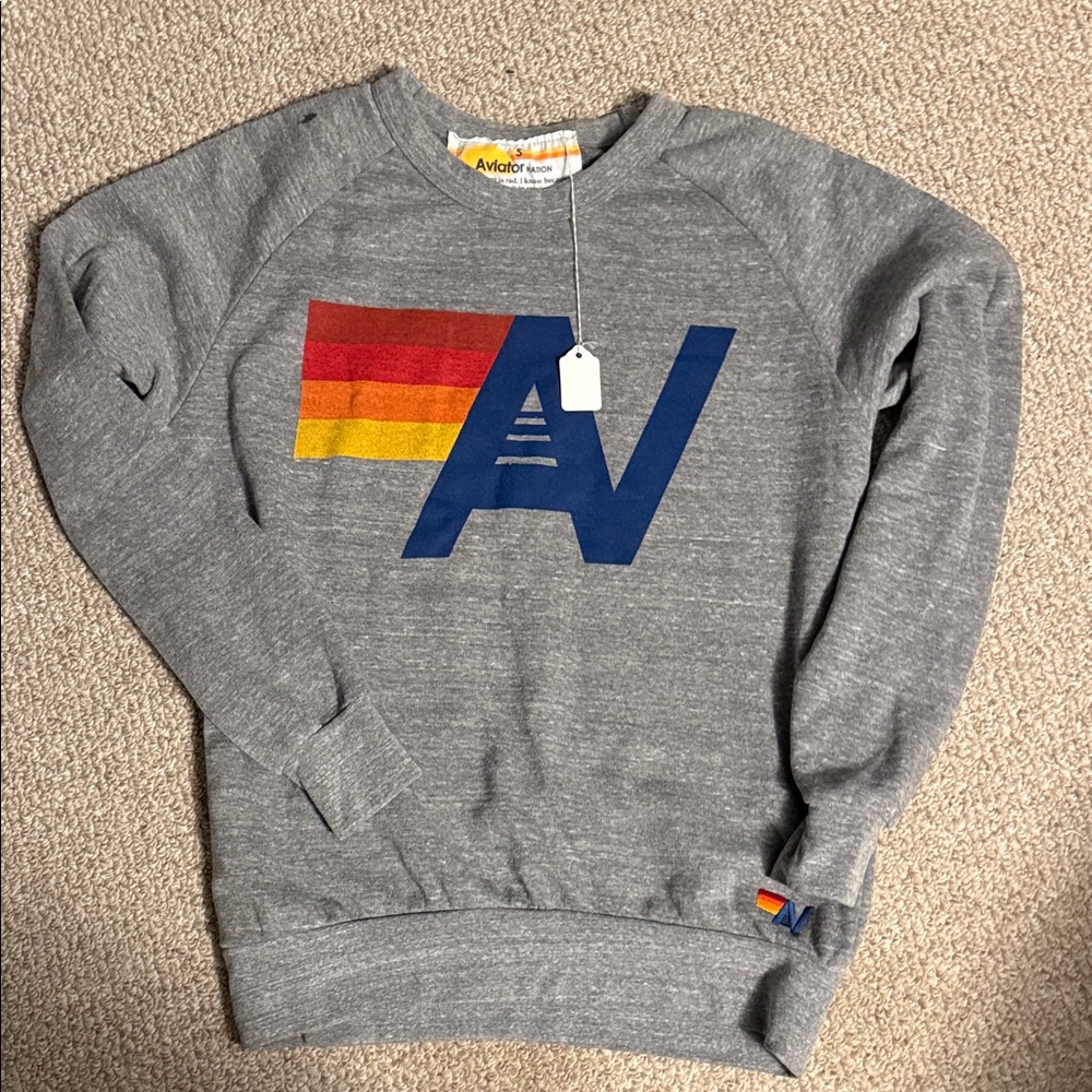 Aviator Nation Gray Unisex Crewneck with Blue and Red-Yellow Logo